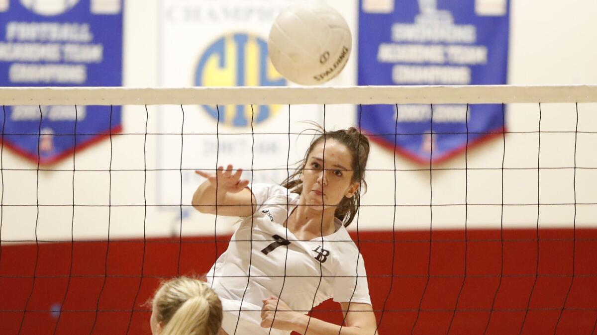 Laguna Beach High's Lexi McKeown records a kill during a match against Sage Hill on Oct. 11. The Breakers face Sun Valley Village Christian for the CIF Southern Section Division 3 title at 2 p.m. Saturday at Cerritos College.