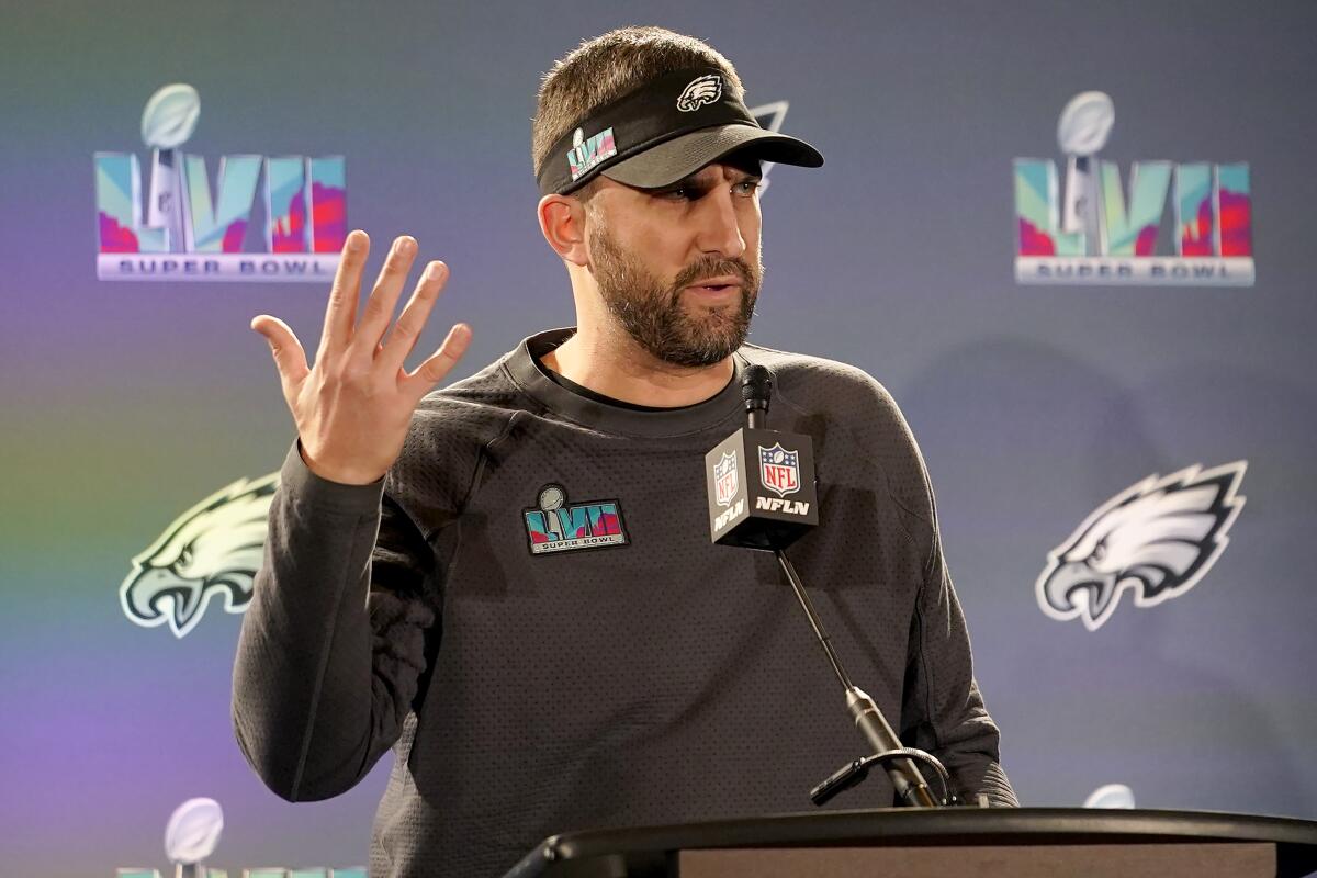 Philadelphia Eagles head coach Nick Sirianni speaks in Phoenix ahead of Super Bowl LVII.