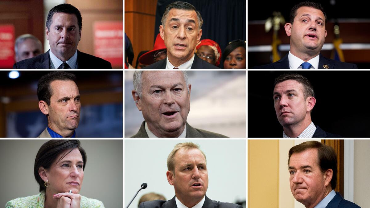 Top row from left: Rep. Devin Nunes, Rep. Darrell Issa and Rep. David Valadao. Middle row from left: Rep. Steve Knight, Rep. Dana Rohrabacher and Rep. Duncan Hunter. Bottom row from left: Rep. Mimi Walters, Rep. Jeff Denham and Rep. Ed Royce.