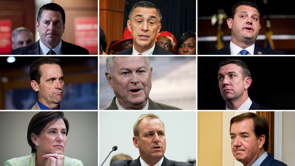 Top row from left: Reps. Devin Nunes, Darrell Issa and David Valadao. Middle row from left: Reps. Steve Knight, Dana Rohrabacher and Duncan Hunter. Bottom row from left: Reps. Mimi Walters, Jeff Denham and Ed Royce.