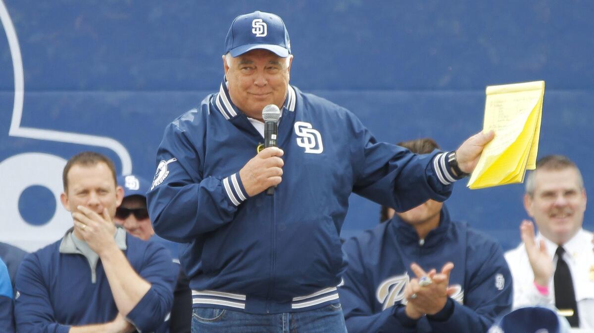 Ron Fowler, executive chairman of the Padres, is shown at a Celebrate San Diego event in February 2017. Fowler said a Twitter comment making light of suicide, recent format changes and more is causing the team to re-evaluate its radio contract.