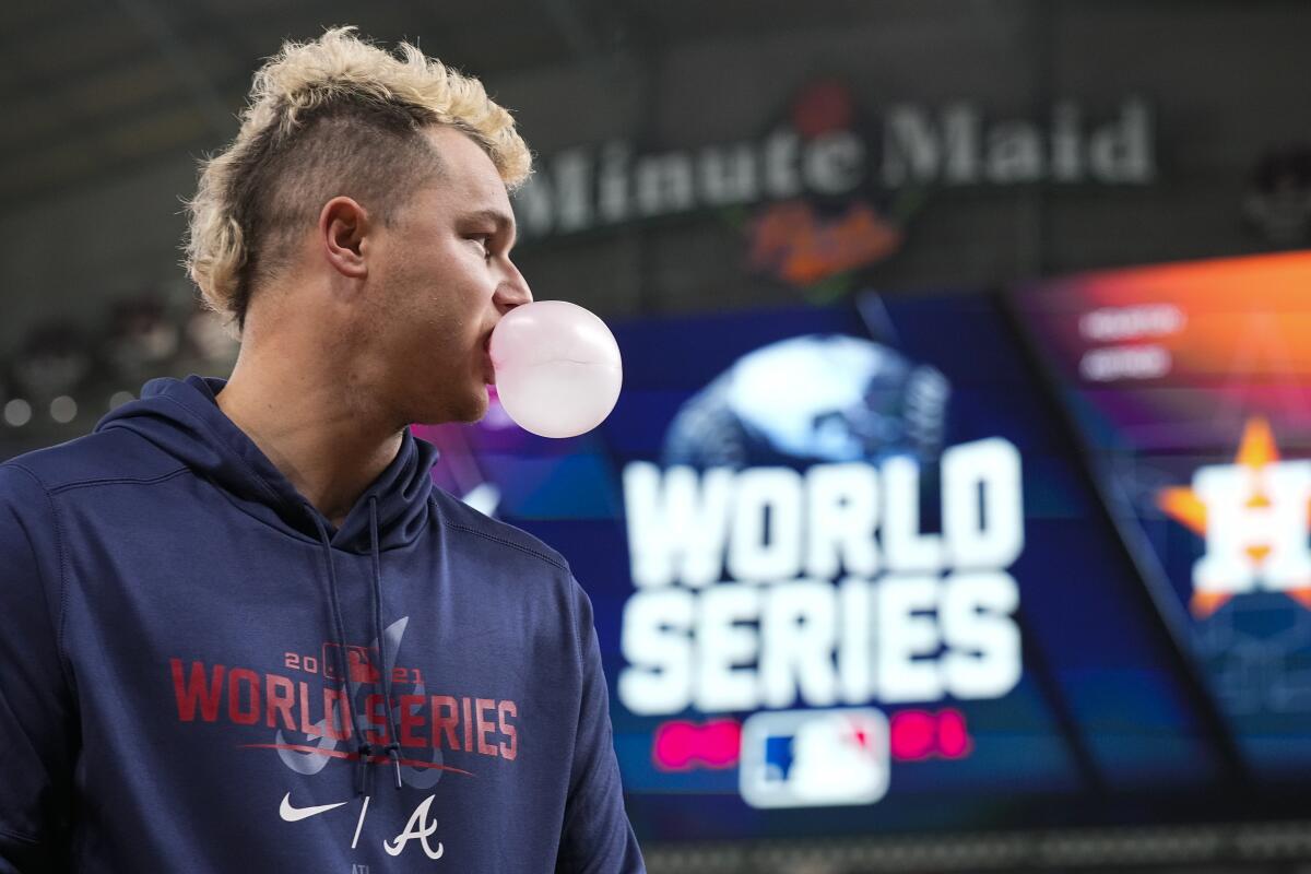 Atlanta right fielder Joc Pederson watches batting practice before Game 1 of the World Series.