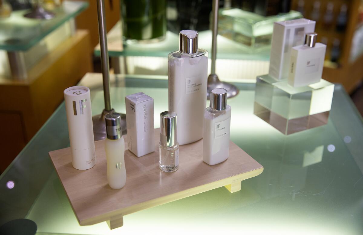 Ron Robinson’s fragrance line, Apothia, on display at his Melrose Avenue store