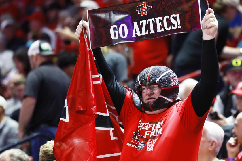 Las Vegas, NV - March 16: A San Diego State fan looks on against New Mexico during the Mountain West tournament championship on Saturday March 16, 2024 in Las Vegas, NV. (K.C. Alfred / The San Diego Union-Tribune)