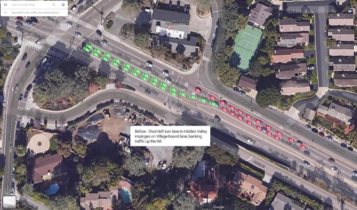 This image illustrates the current left-turn pocket from La Jolla Parkway onto Hidden Valley Road.