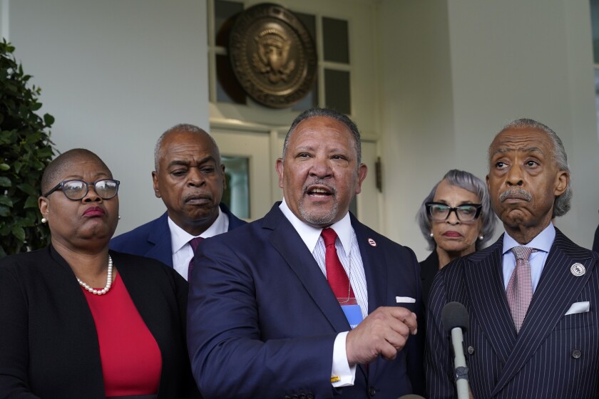 Marc Morial, center, President and Chief Executive Officer of the National Urban League, talks with reporters outside the West Wing of the White House in Washington, Thursday, July 8, 2021, following a meeting with President Joe Biden and leadership of top civil rights organizations. (AP Photo/Susan Walsh)