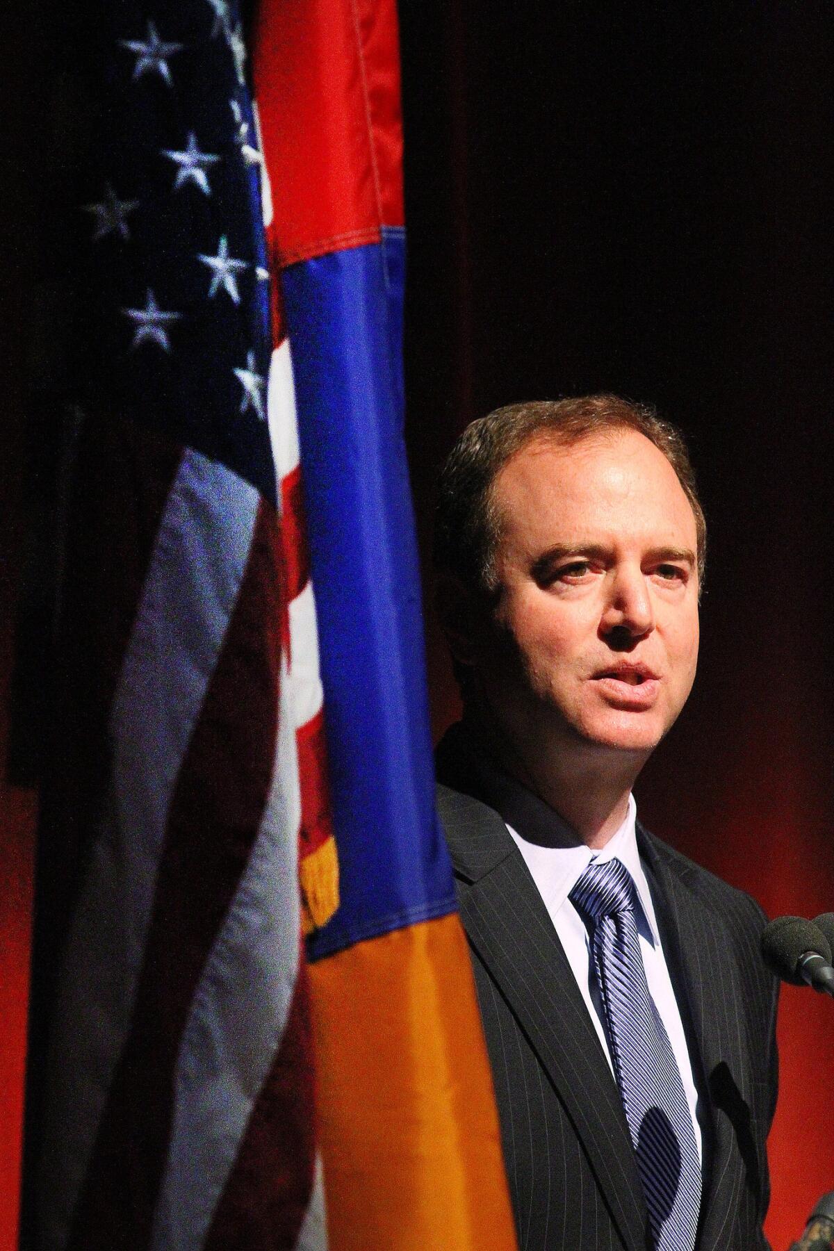 Rep. Adam Schiff (D-Burbank) reads a letter he wrote to the the Turkish people at the city of Glendale's 13th Annual Commemoration of the Armenian Genocide at the Alex Theatre in Glendale on Thursday, April 24, 2014. Schiff said Thursday that he is seriously considering running for the U.S. Senate seat currently held by Barbara Boxer, who announced she will retire after her term ends in 2016.