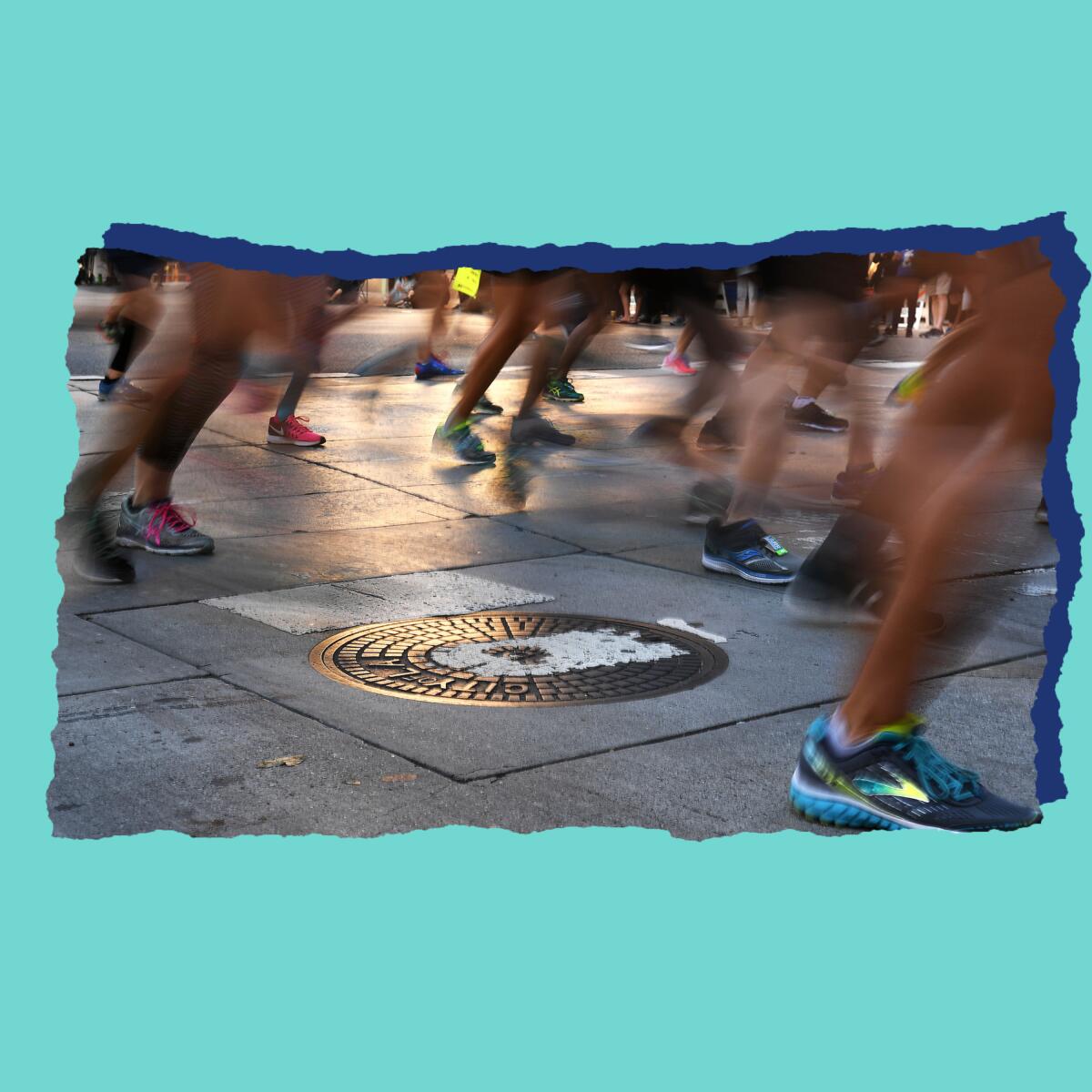 Runners, seen from the knees down, on the sidewalk.