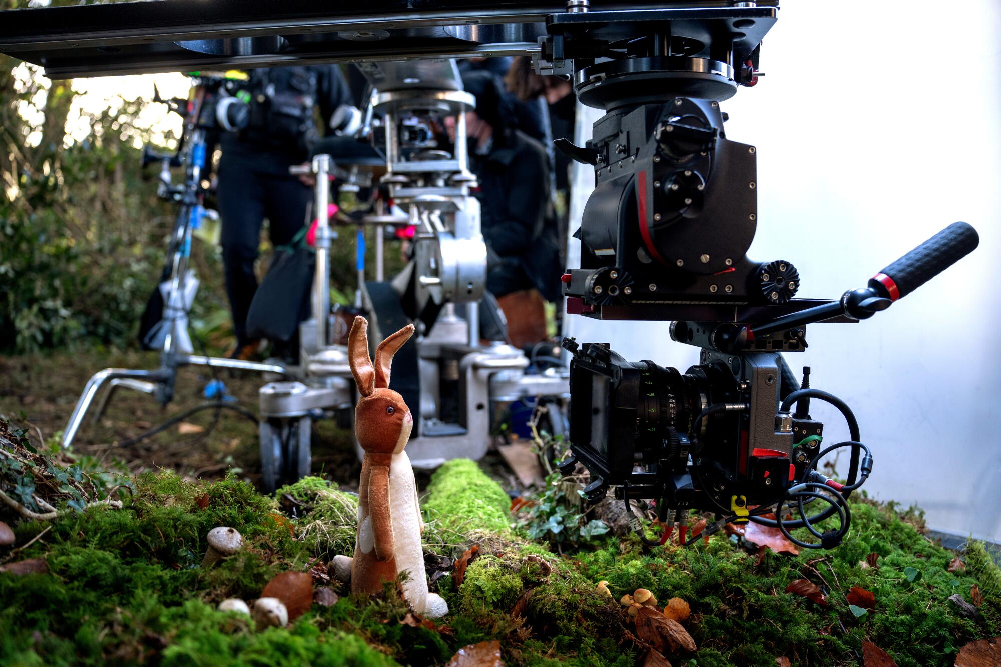 A stuffed bunny on a set with cameras on dollies around it.