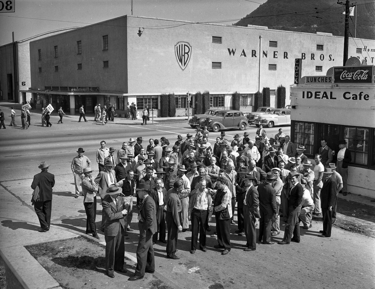March 20, 1945:  Strikers meeting in front of the Ideal Cafe across the street from Warner Bros. Studio. 