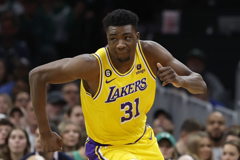 Los Angeles Lakers' Thomas Bryant plays against the Boston Celtics during the second half of an NBA basketball game, Saturday, Jan. 28, 2023, in Boston. (AP Photo/Michael Dwyer)