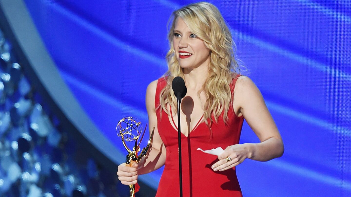 Kate McKinnon accepts the award for supporting actress in a comedy series for her work on "Saturday Night Live."