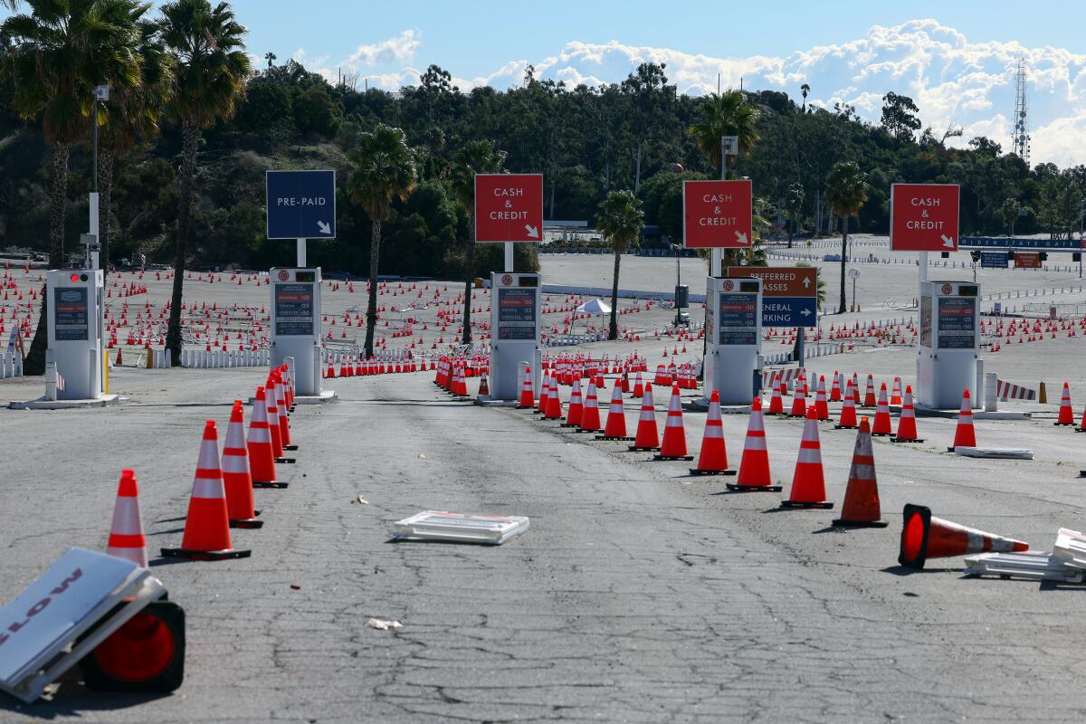 A view of the entrance to Dodger Stadium, which is temporarily shut down as a vaccination site. 