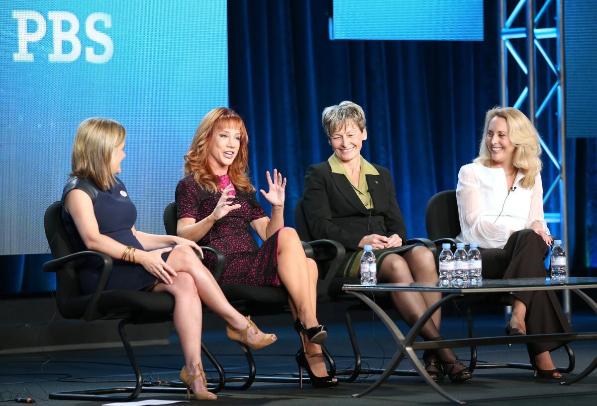 Dyllan McGee, left, co-founder of the Makers initiative, with comedian Kathy Griffin, astronaut Peggy Whitson and author and former CIA operative Valerie Plame at a discussion of "Makers: Women Who Make America."