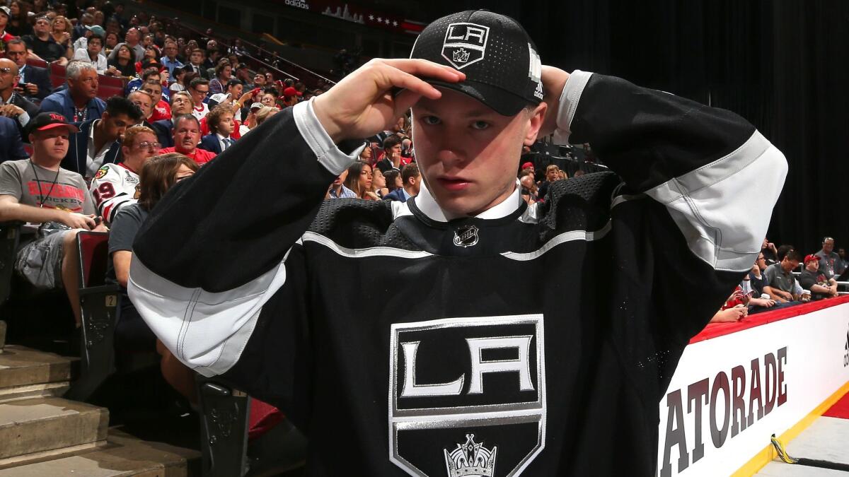 Jaret Anderson-Dolan adjusts his cap after being selected 41st overall by the Kings during the 2017 NHL draft in Chicago on June 24.