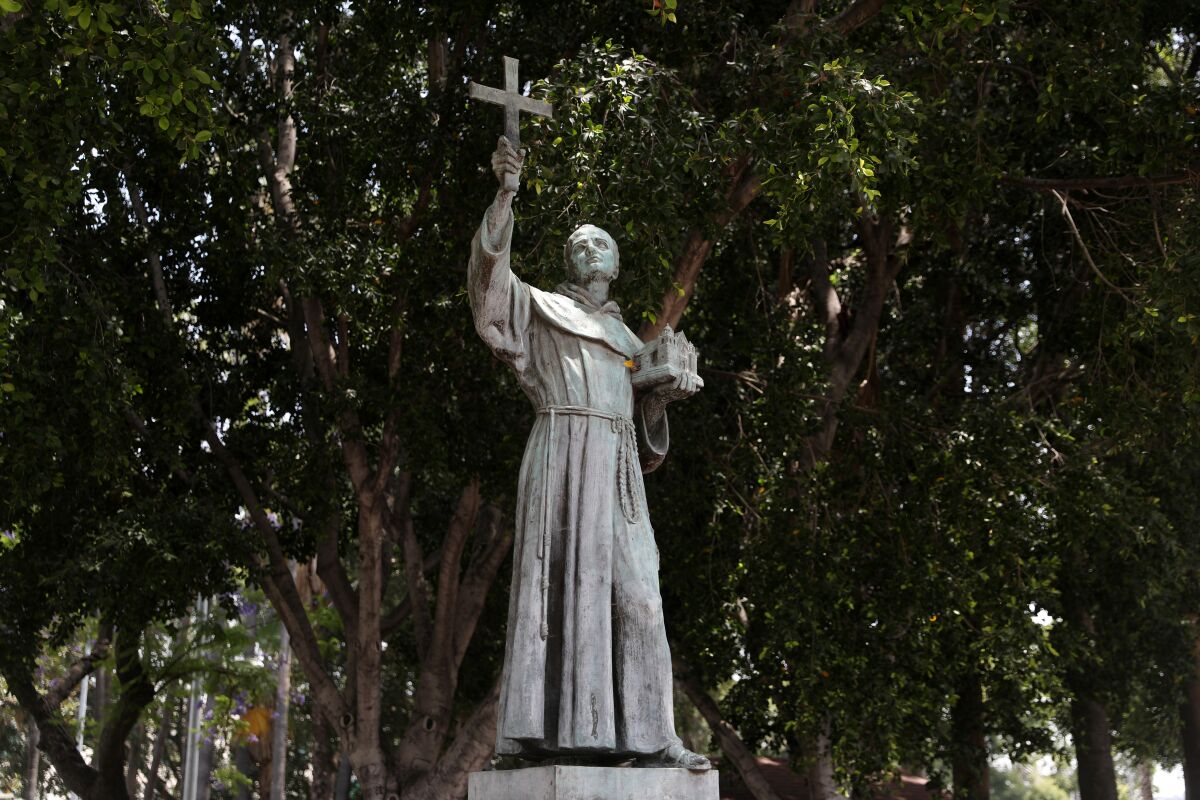 The statue of Junípero Serra at Father Serra Park in Pueblo Amigo in 2020. 