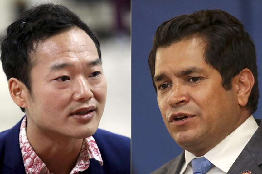 David Kim participates in a Town Hall at Glassell Park Center in Los Angeles. Representative Jimmy Gomez talks about the expanded Child Tax Credit at a press conference held at Barrio Action Youth and Family Center. (Genaro Molina / Los Angeles Times) (Irfan Khan / Los Angeles Times)