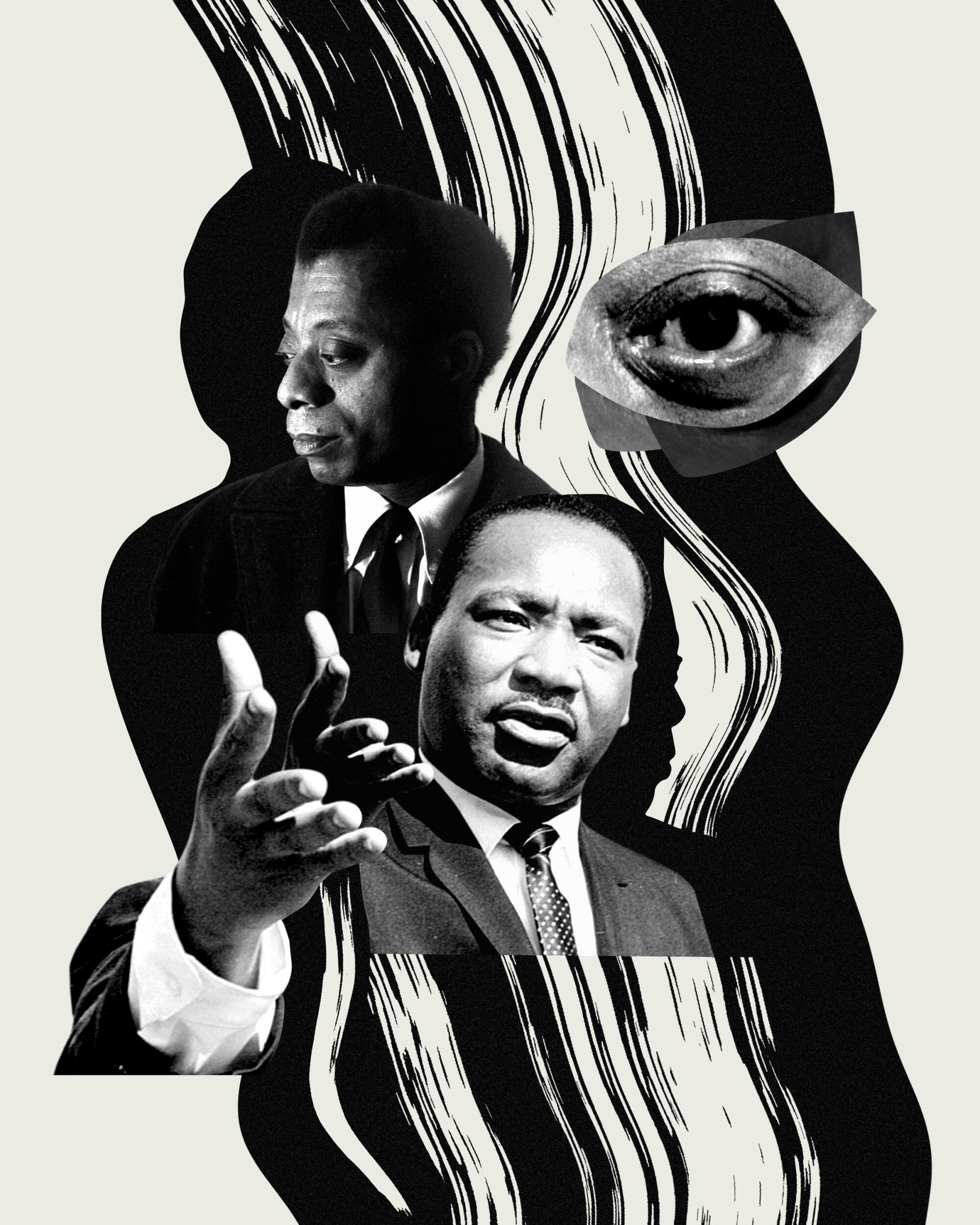 A black and off-white collage using archival photos of James Baldwin and Martin Luther King Jr. on top of a wave pattern