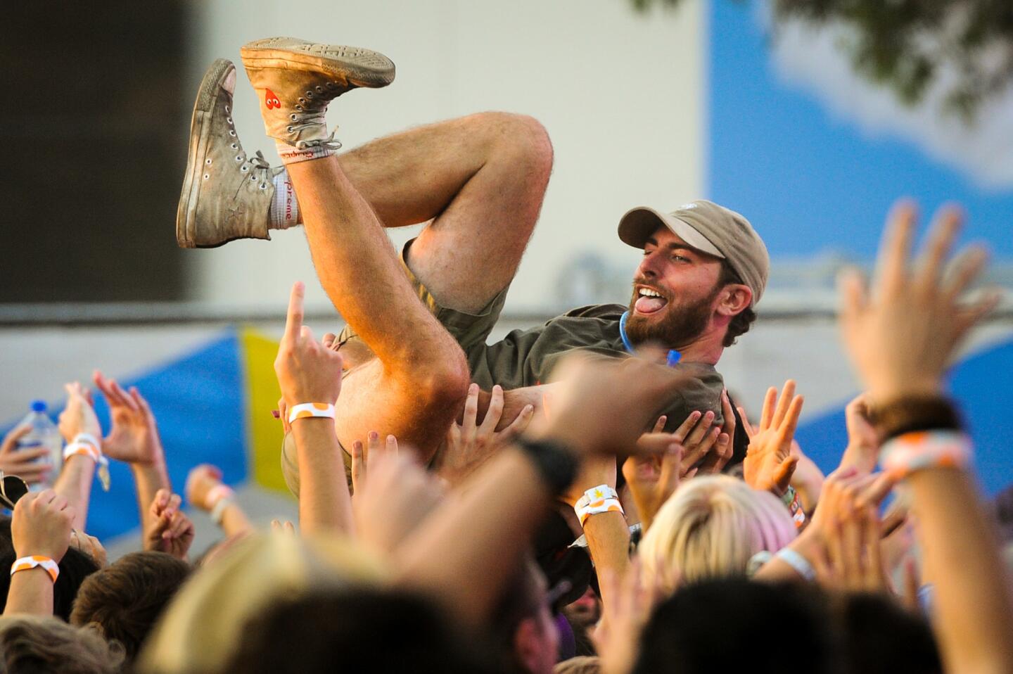 A fan crowd-surfs during the set of Todd Terje & the Olsens at FYF.