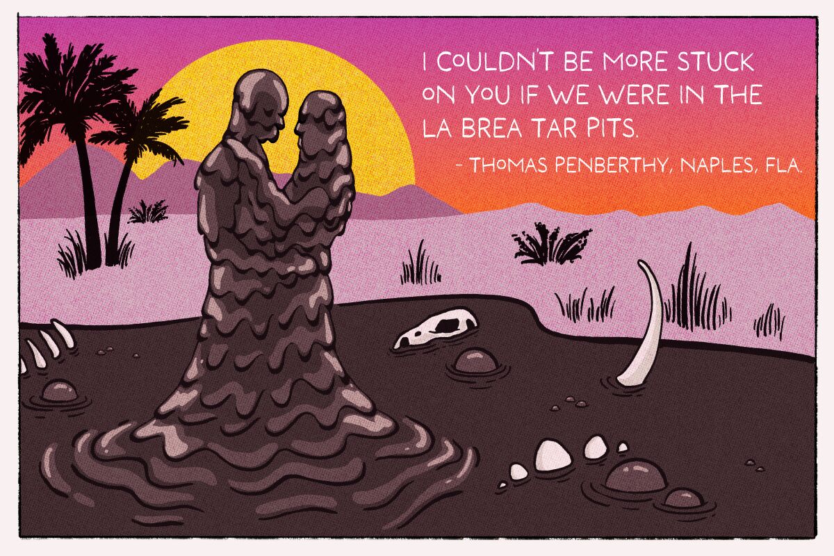An illustration of a couple, covered in tar, hugging in a tar pit.