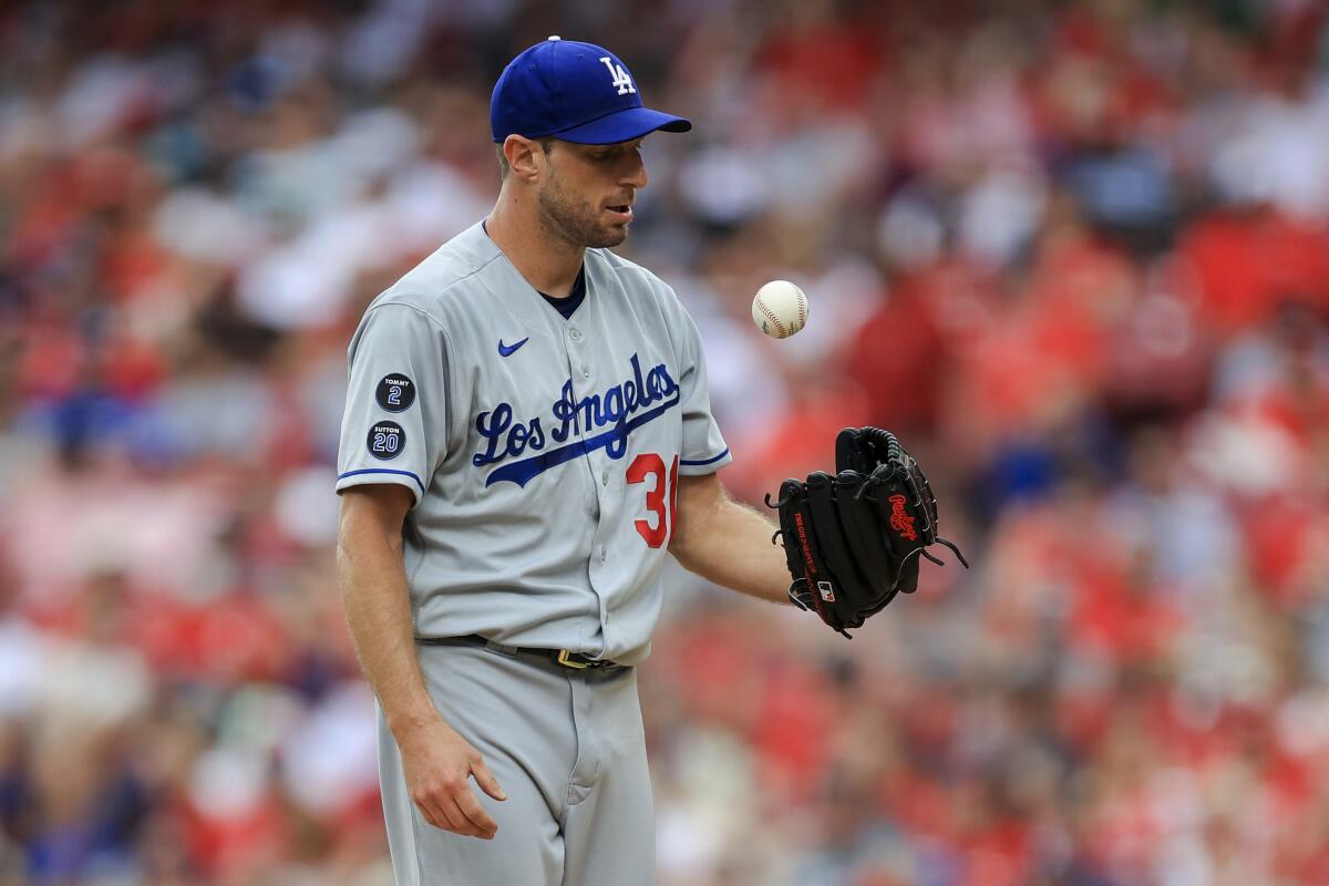 Dodgers pitcher Max Scherzer prepares to throw against the Cincinnati Reds on Saturday.