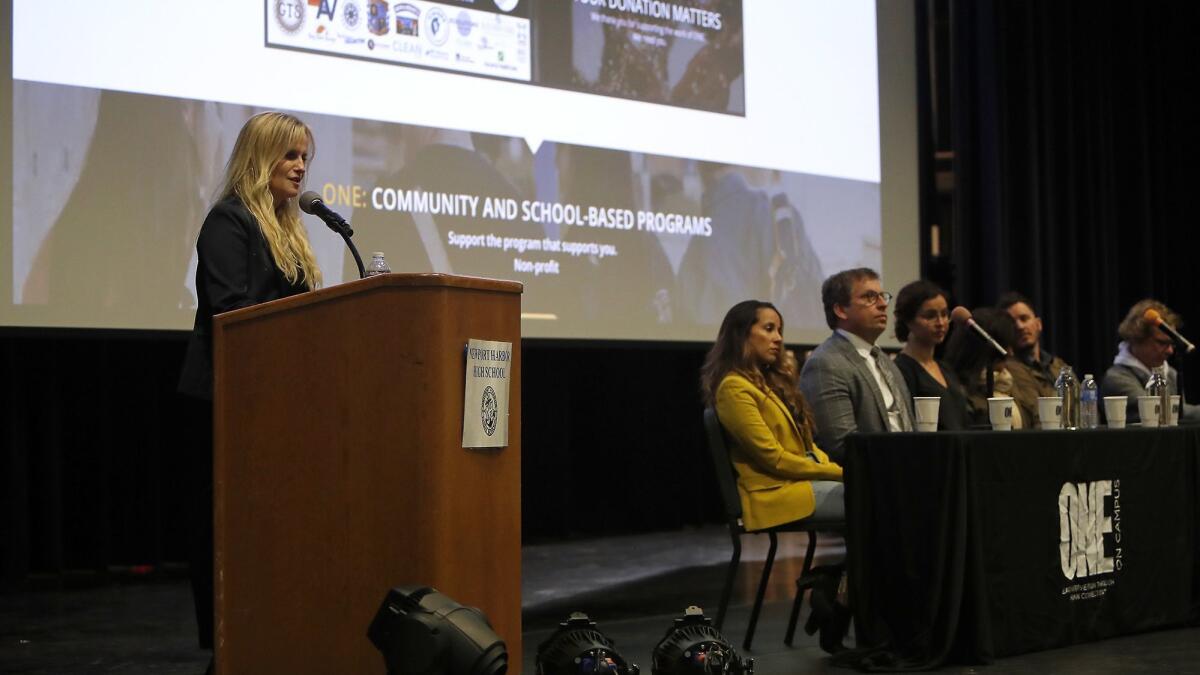 One Recovery founder Lynne Pedersen speaks during a One-On-Campus awareness panel Wednesday night at Newport Harbor High School.
