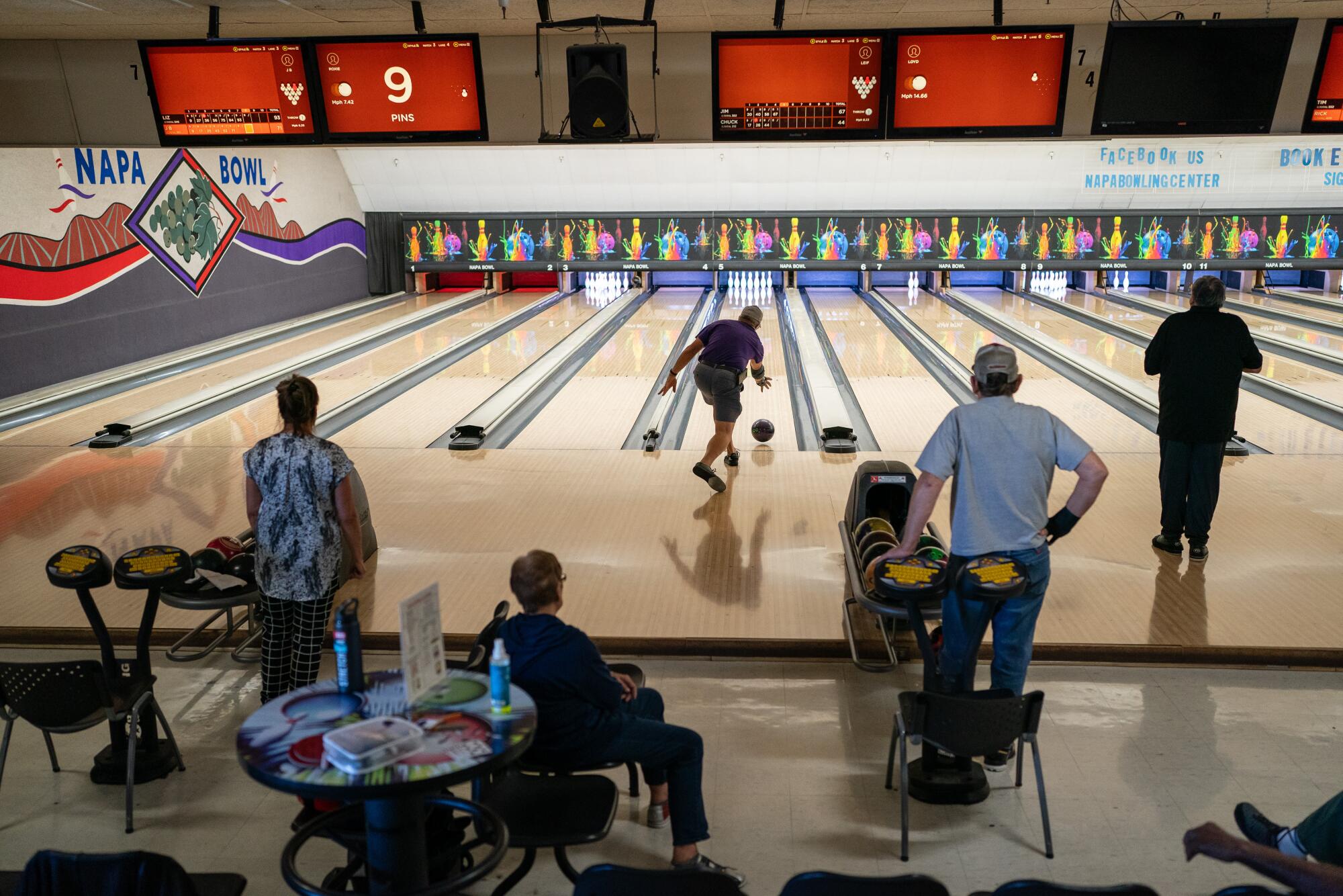 Members of a bowling league compete at Napa Bowl in Napa, 