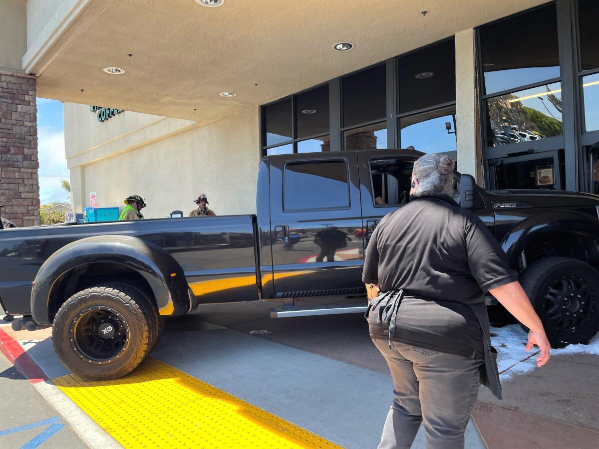 A Ford F-450 pickup ran into the entrance of a Huntington Beach Vons store Monday.
