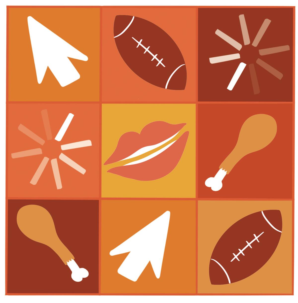 Illustration with nine squares represents a Zoom screen with icons including footballs, turkey legs and a pair of lips.