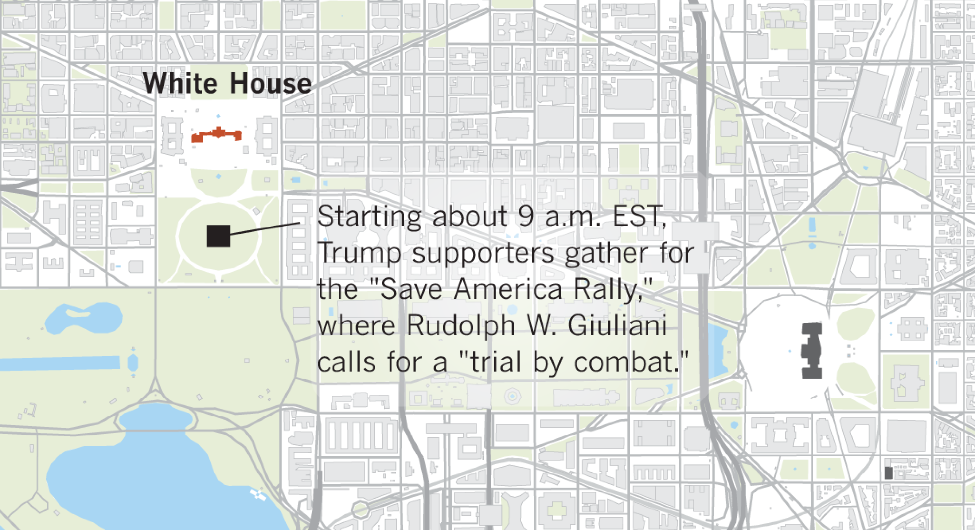 Map shows the White House where Trump leads the "Save America Rally"