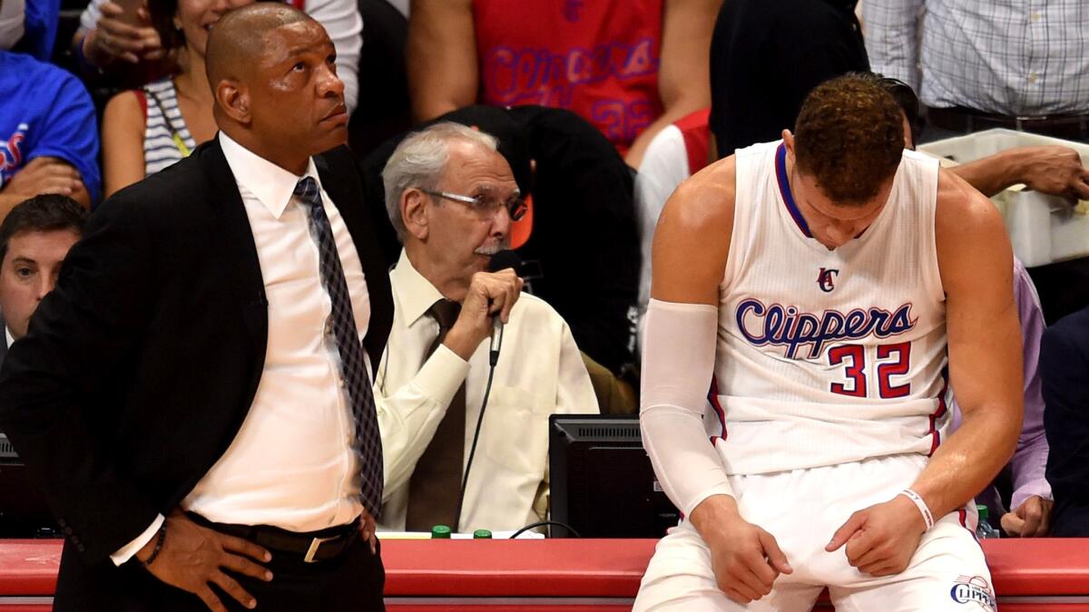 Clippers Coach Doc Rivers and All-Star forward Blake Griffin (32) will try to put the Game 6 collapse behind them as they prepare to play the Rockets in a deciding Game 7 on Sunday in Houston.