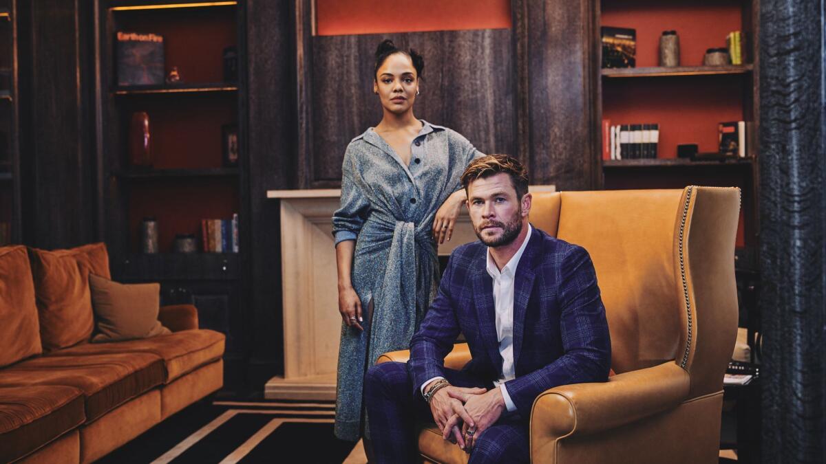 Chris Hemsworth and Tessa Thompson, the new agents of "Men in Black: International," photographed at the Corinthia Hotel in London on June 2, 2019.