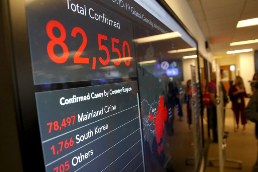 SACRAMENTO, CALIFORNIA - FEBRUARY 27: A video monitor inside the Medical Health and Coordination Center at the California Department of Public Health shows the number of Coronavirus COVID-19 cases around the world on February 27, 2020 in Sacramento, California. California Gov. Gavin Newsom joined State health officials to an update to the public about the state's response to the Coronavirus known as COVID-19 a day after a possible first case of person-to-person transmission was reported in Northern California. (Photo by Justin Sullivan/Getty Images)