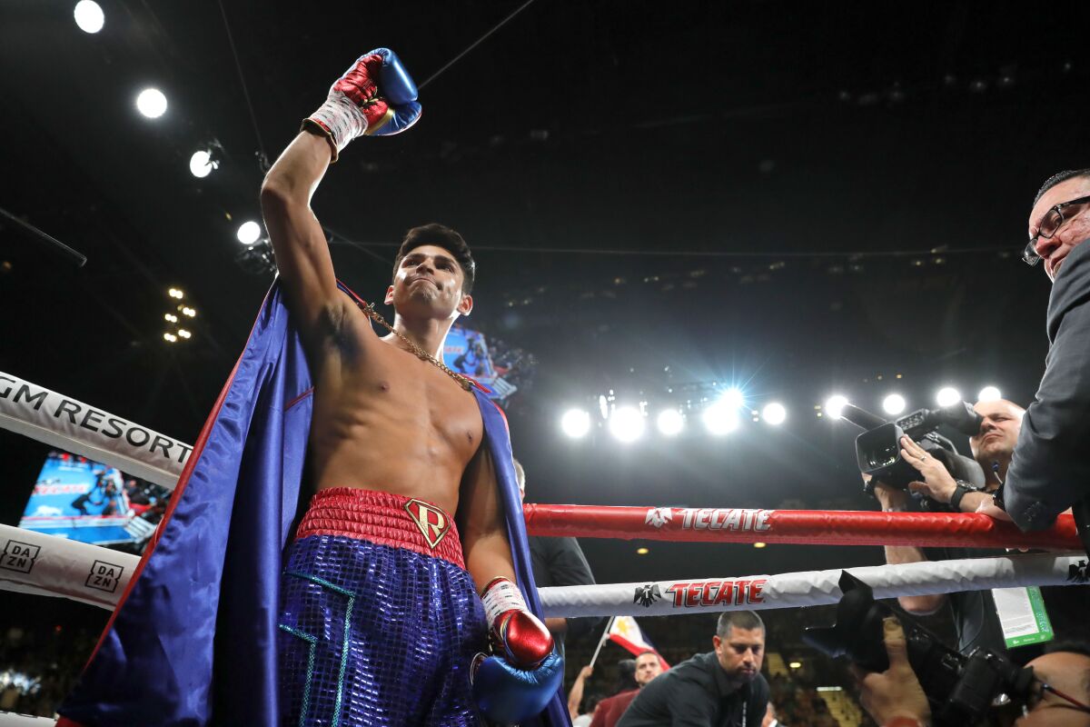 Ryan Garcia makes his ring entrance for a lightweight fight against Romero Duno on Nov. 2 at MGM Grand Garden Arena.
