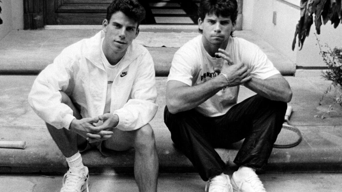 Menendez brothers Erik, left, and Lyle on the steps of their Beverly Hills home in 1989.