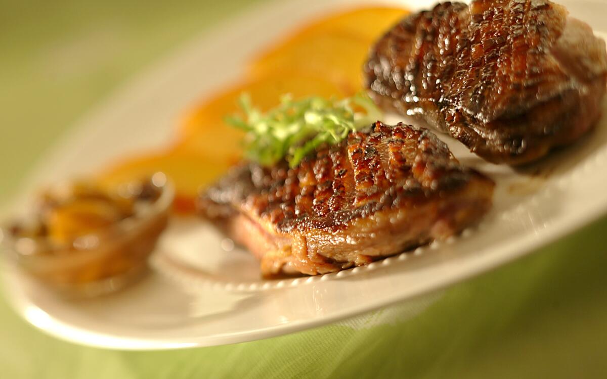 Grilled duck breasts with fresh ginger-peach chutney