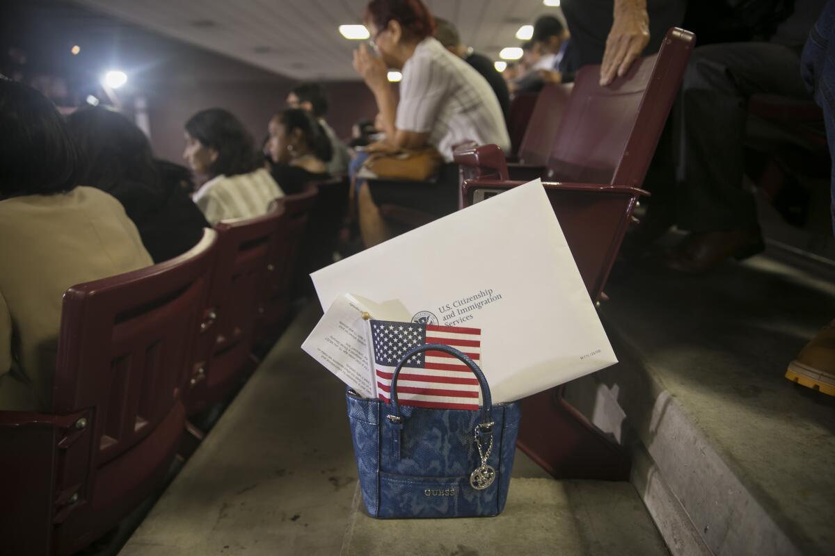 Paperwork and a small American flag are tucked into a purse next to stadium seating