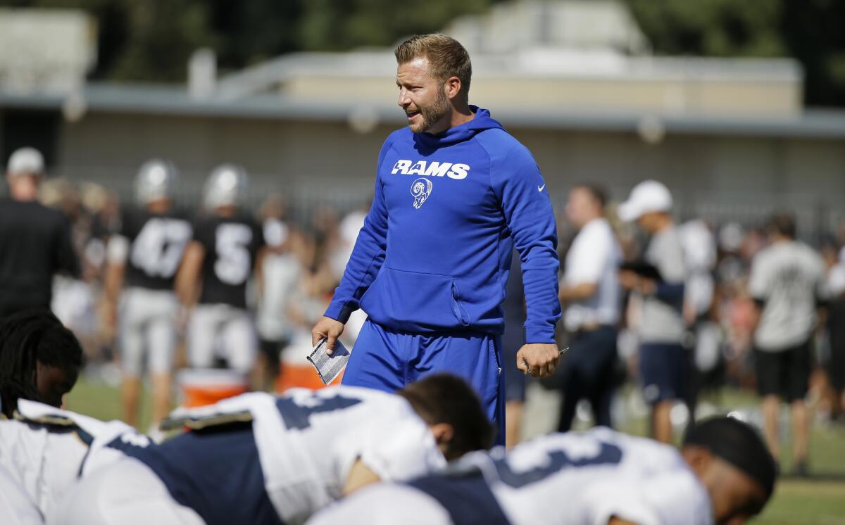 Rams coach Sean McVay watches joint practice with the Oakland Raiders.