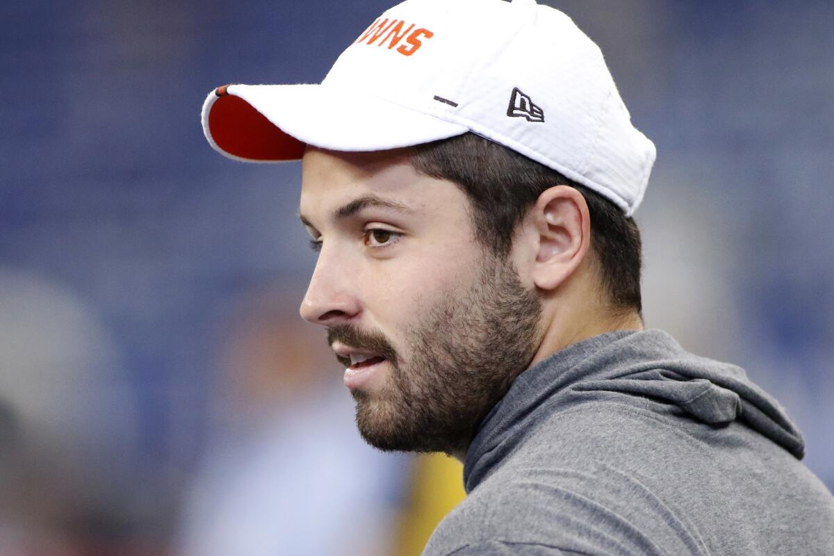 Cleveland Browns quarterback Baker Mayfield watches from the sideline Aug. 17 during a preseason game against the Indianapolis Colts.