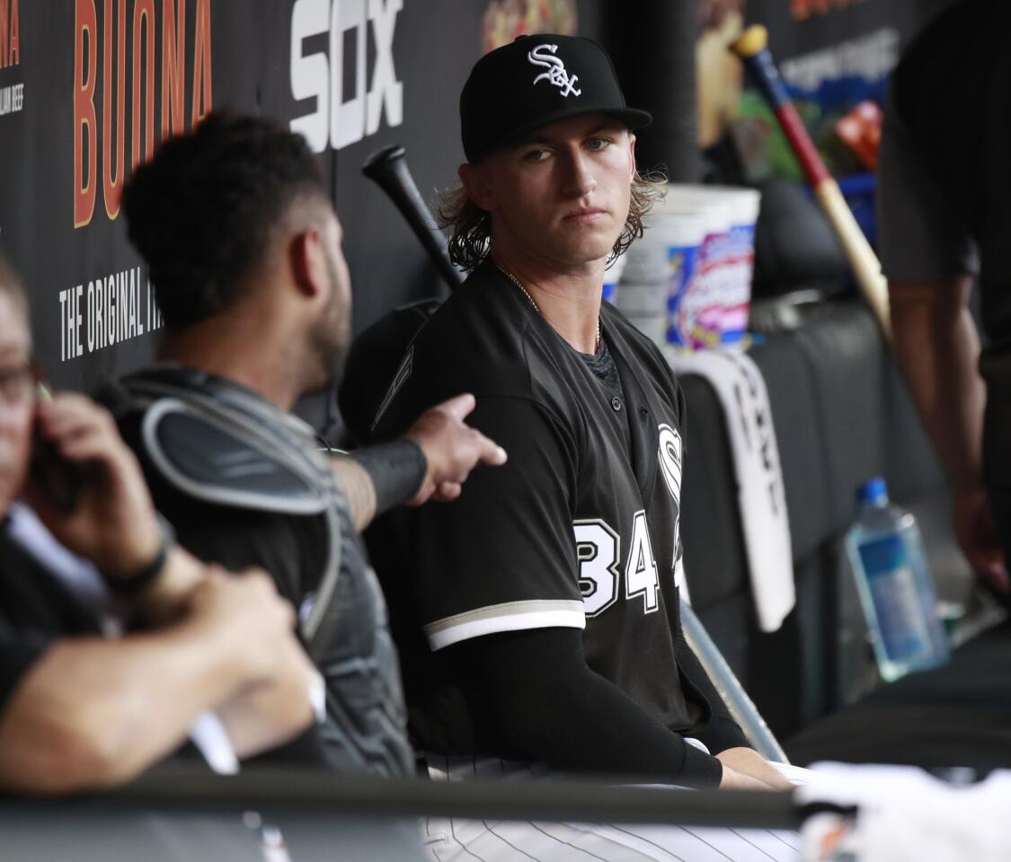 White Sox catcher Omar Narvaez talks with Michael Kopech before the start of their game and Kopech's MLB debut at Guaranteed Rate Field on Aug. 21, 2018.