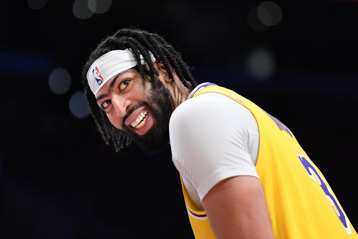 Lakers forward Anthony Davis smiles before a win over the Phoenix Suns.