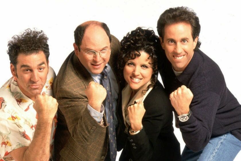 FILE--The cast of NBC's "Seinfeld," is shown in this undated handout photo. NBC has sold two 30-second commercials on the final original episode of ''Seinfeld'' for a television record $2 million each. Pictured from left are; Michael Richards as Kramer, Jason Alexander as George Costanza, Julia Louis-Dreyfus as Elaine Benes and Jerry Seinfeld as Jerry Seinfeld. (AP Photo/Columbia/TriStar Television Distribution) ORG XMIT: NY107