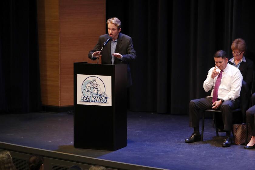 Jordan Rosenberg, 17, CdM junior, speaks during a second community meeting at Corona del Mar High School in Newport Beach on Thursday, March 7, 2019. The second community meeting is in response to a recent picture of Newport Harbor High School students flashing Nazi salutes around a swastika formed with red plastic cups.