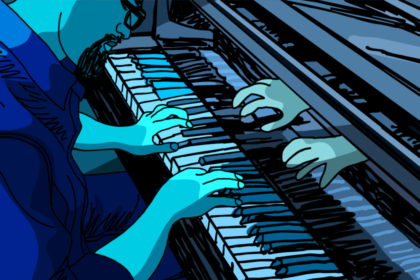 A hand-drawn frame from "They Shot the Piano Player" depicts a bossa nova pianist bathed in blue light.