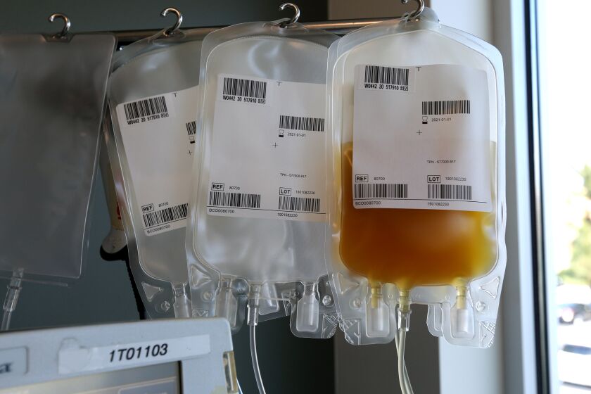 Glenn Walcott, 51 of Newport Beach, donated 840ml of plasma to San Diego Blood Bank during a 45-minute session at Hoag Health Center, on the 16,300 block of Sand Canyon Ave., in Irvine on Tuesday, April 28, 2020. Walcott has been identified as having the novel coronavirus COVID-19 (SARS-CoV2) antibodies after contracting the virus in March. He is now fully recovered.