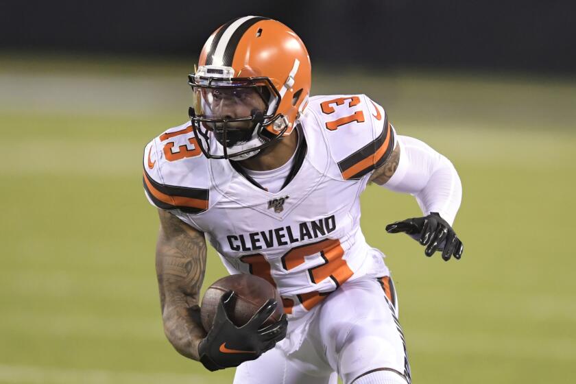 Cleveland Browns' Odell Beckham (13) during the second half of an NFL football game against the New York Jets Monday, Sept. 16, 2019, in East Rutherford, N.J. (AP Photo/Bill Kostroun)
