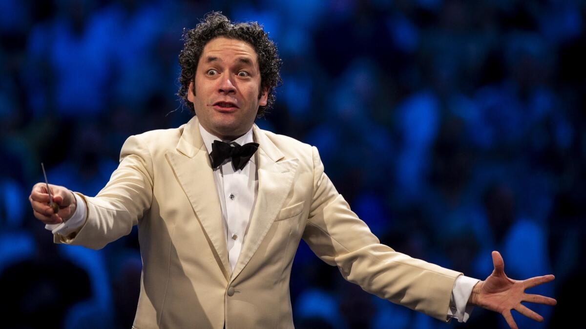 Gustavo Dudamel conducts a Leonard Bernstein centennial program at the Hollywood Bowl last month.