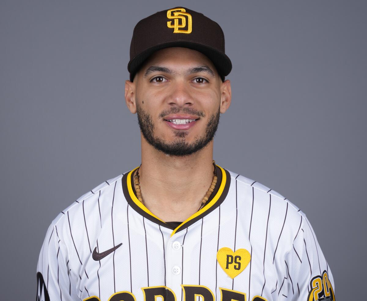 San Diego Padres baseball infielder Tucupita Marcano poses for a photo Feb. 20, 2024.