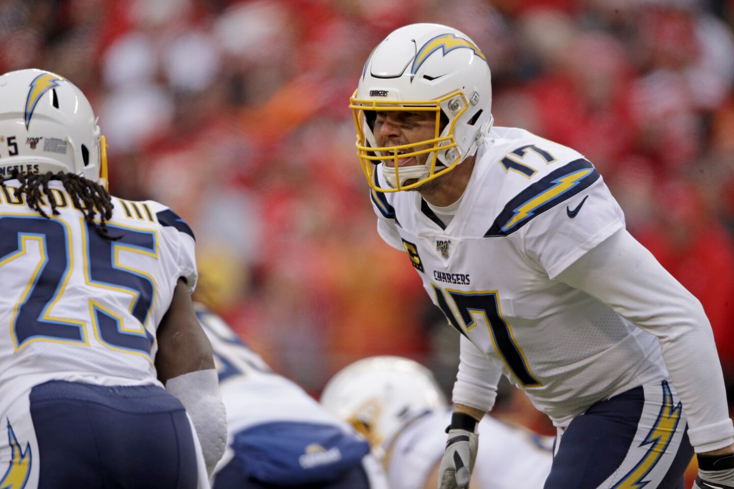 Chargers quarterback Philip Rivers (17) calls out instructions at the line during a game against the Chiefs on Dec. 29.