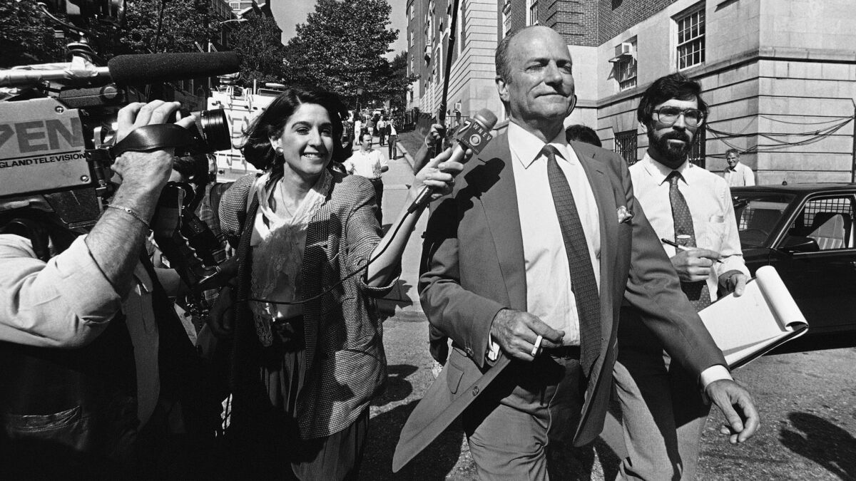 Claus von Bulow leaves court trailed by reporters after deliberations ended for the day in his trial on attempted murder charges in Providence, R.I., on June 7, 1985.